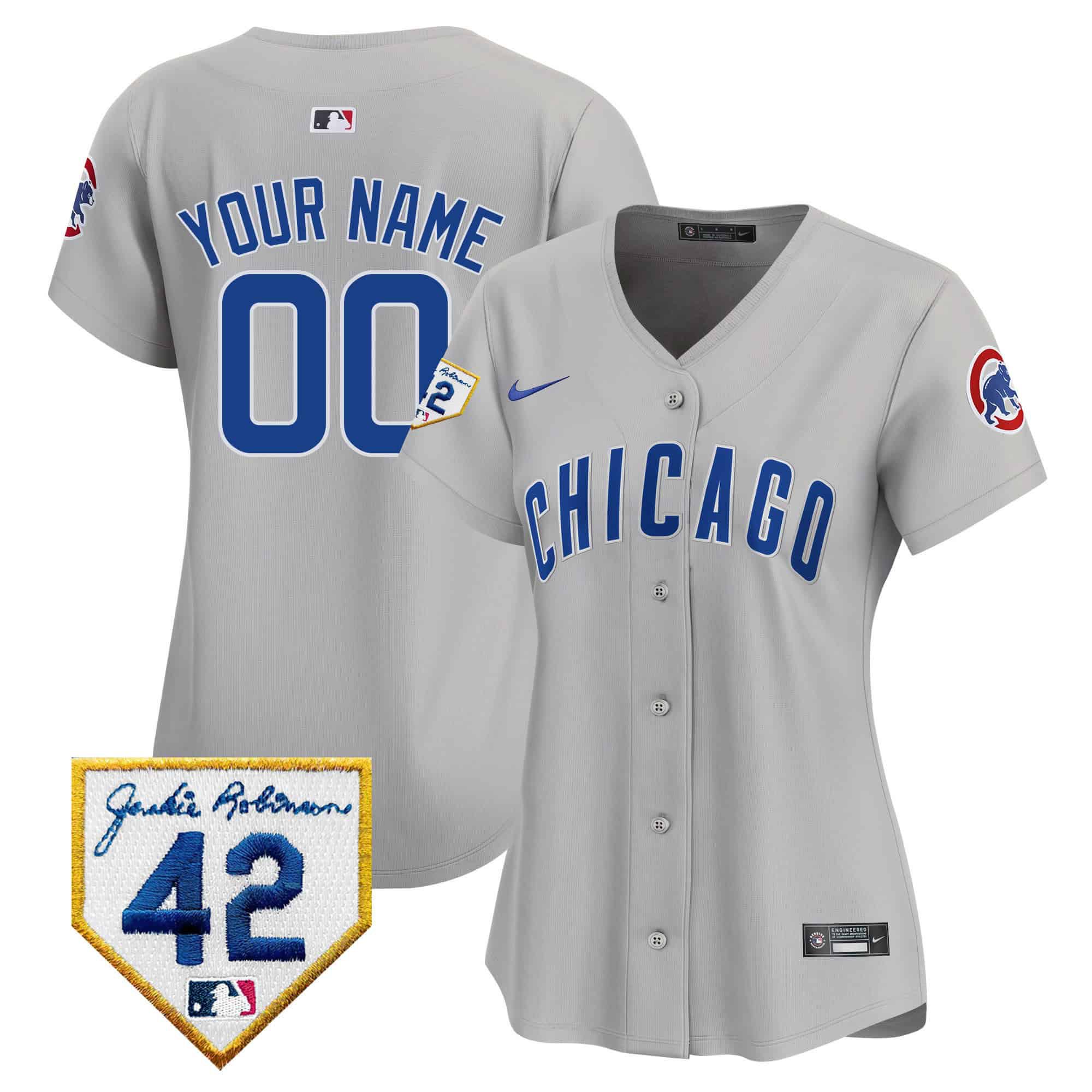 Women Chicago Cubs Grey Nike 2024 Jackie Robinson Patch Vapor Premier Limited Custom MLB Jersey